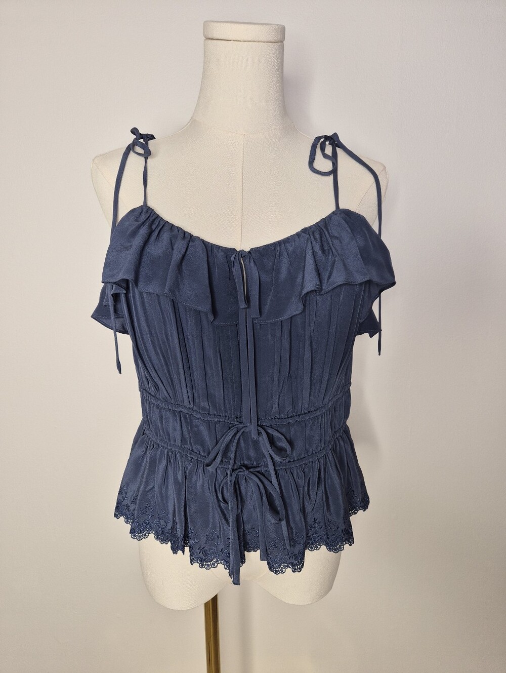 Ulla Johnson Luella Blue 100% Silk Ruffle Peplum Camisole Top Eyelet Trim Sz 14